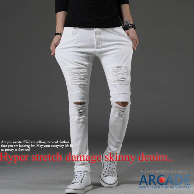 ジーパン ズボン メンズ ハイパーストレッチ スキニーパンツ ダメージ 加工 ホワイトデニム ブラックデニム ジーンズ ビンテージ加工 Arcade 通販 Paypayモール