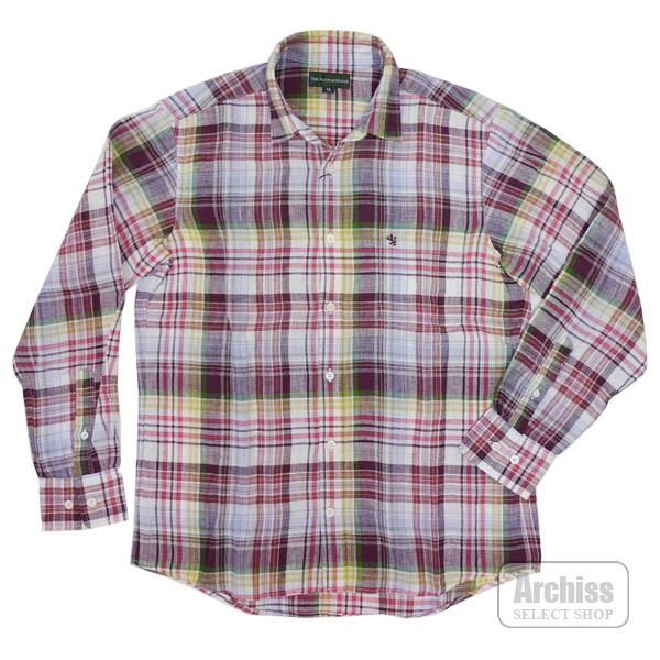 スコッチハウスTHE SCOTCH HOUSE シャツ 長袖 春夏 ワインレッド系 マドラスチェック柄 マーク 刺繍入り 麻 リネン 生地 MサイズF1M02-160-18 S55755