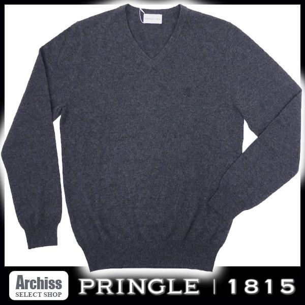 プリングル1815 PRINGLE 1815 ニット セーター メンズ 濃いグレー カシミヤ100% マーク刺繍入り Vネック 訳あり 40