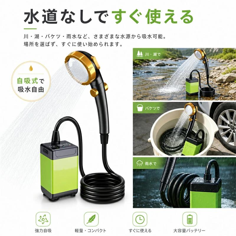 全画面表示＆精度向上】ポータブルシャワー 温水 9600mAh 電動シャワー