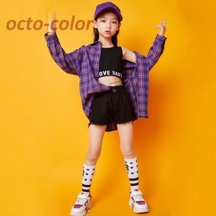 キッズ ダンス衣装 ヒップホップ HIPHOP セットアップ チェック柄  チェックシャツ 子供 女の子 へそ出し タンクトップ パンツ シャツ ステージ 練習着 演出服｜arcoiris-store｜02