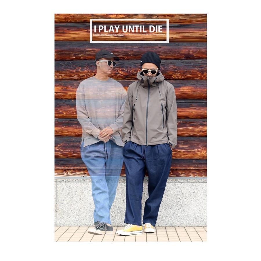 シェフパンツ メンズ ストレッチ デニム タック ワイド ブルー