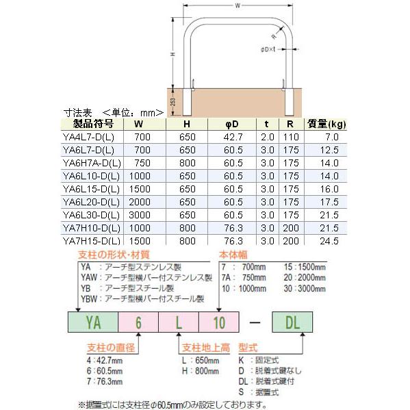 アーチ型　脱着式鍵付　ステンレス製　車止め　※メーカー直送代引不可　カネソウ　YA6L7-DL