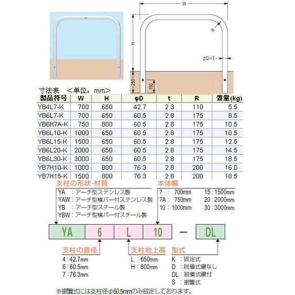 アーチ型　固定式　スチール製　車止め　本体色(白)※メーカー直送代引不可　カネソウ　YB7H15-K