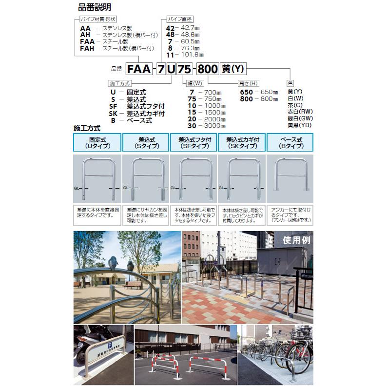 アーチ　差込式フタ付　車止めポール　直径60.5mm　メーカー直送　ステンレス製　W1000×H650　AH-7SF10-650　サンポール