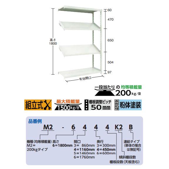 M2型軽中量ボルトレス棚 1800×450×H1800 4段うち傾斜2段タイプ 連結型 トラスコ M2-6644K2Bの画像