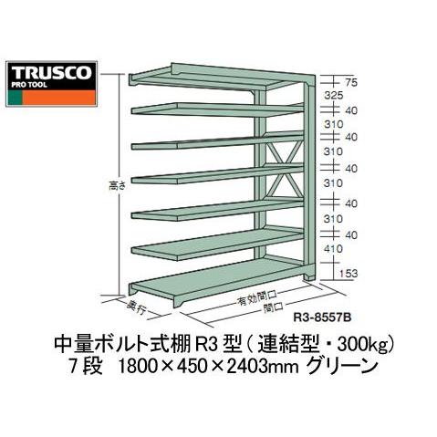 中量雄螺旋式棚R3型(繋ぎ合わせる型・300kg印字機・7段)1800×450×2403粍 緑であること【代引不可・製造会社直送品 車上乗り合い船品】 トラスコ R3-8657B