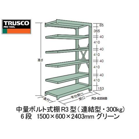 中量雄螺旋式棚R3型(繋ぎ合わせる型・300kg印字機・6段)1500×600×2403粍 緑であること【代引不可・製造会社直送品 車上乗り合い船品】 トラスコ R3-8566B