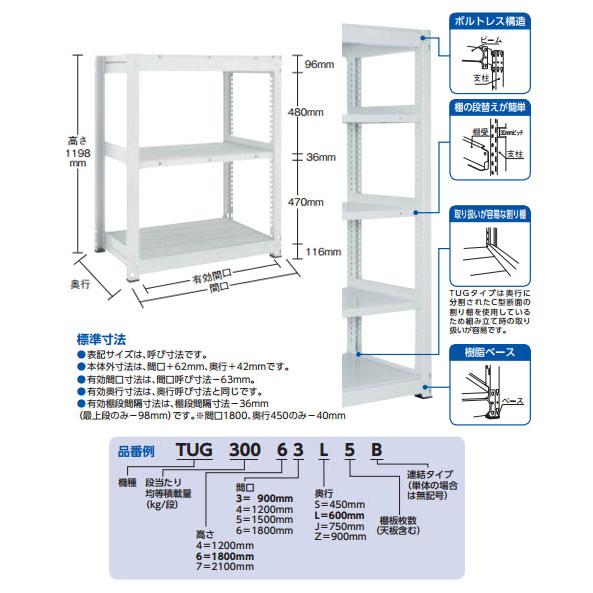 TUG型中量棚300kg 単体型 955×626×H1200 3段 ※メーカー直送品 車上渡し品 トラスコ TUG30043L3の画像