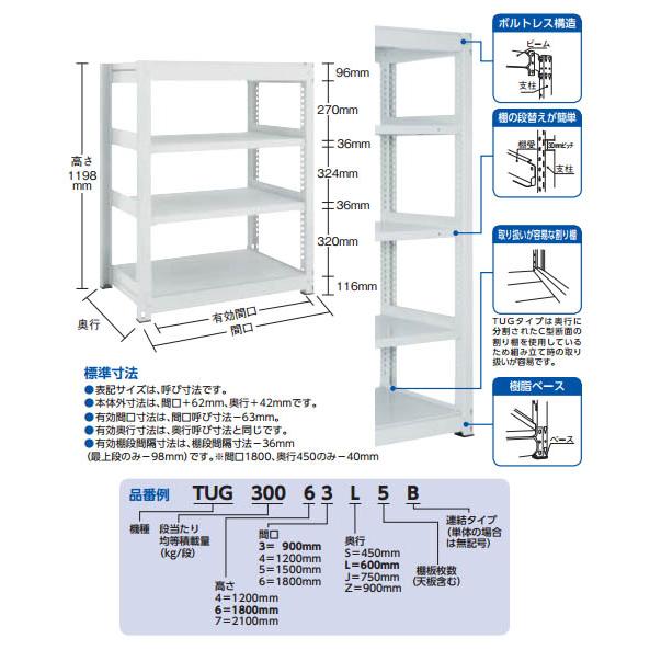TUG型中量棚300kg 単体型 1255×626×H1200 4段 ※メーカー直送品 車上渡し品 トラスコ TUG30044L4の画像