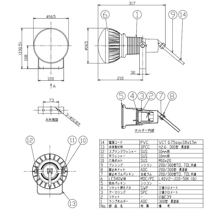 作業用 エコビックLED投光器アース付(取付枠タイプ)1.5m 40w 昼白色 本体色(白)取寄品 日動 AFL-E40J-W_1