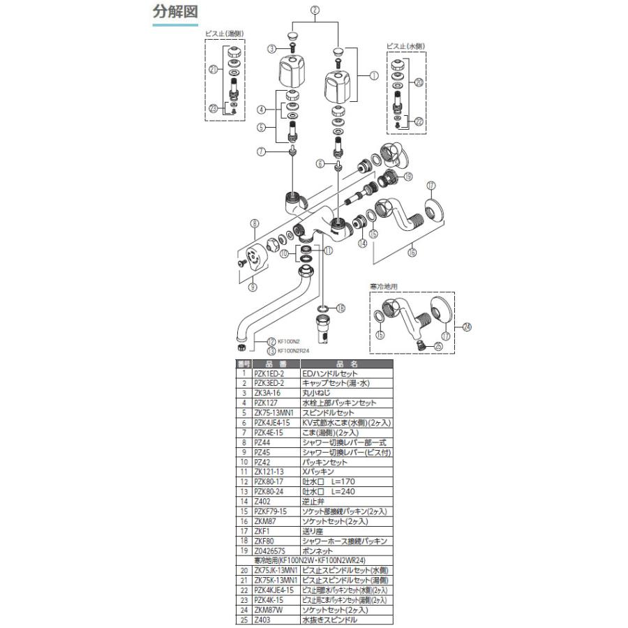 寒 一時止水付2ハンドルシャワー 固定こま ※取寄品 KVK KF100N2W