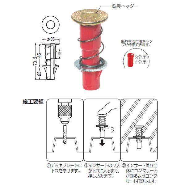 カラー・ヘッダーインサート(デッキプレート用・ばねタイプ)4分ボルト 赤(20個価格) 未来工業(MIRAI) NDB-4R｜arde｜02