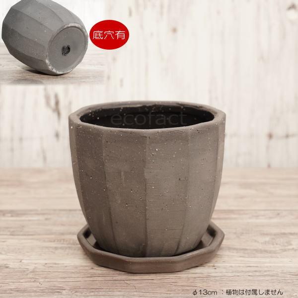 陶器鉢 植木鉢 ミニポット 底穴あり 皿付 粗目十角 黒 φ13cm