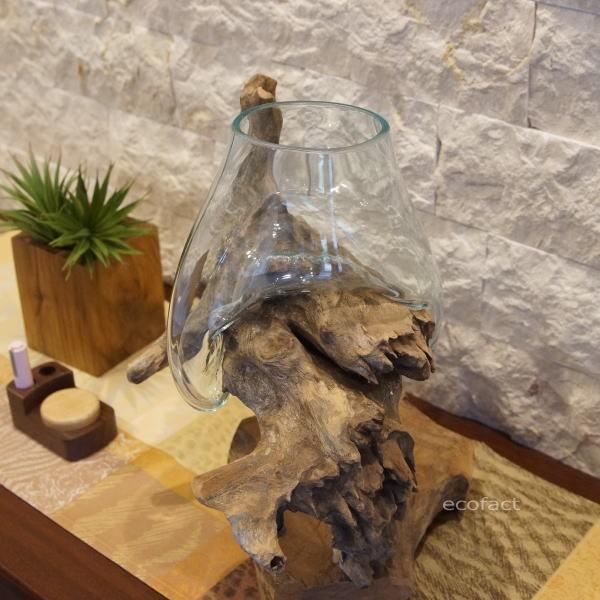 ガラスと流木のオブジェ（大）ベース付き おしゃれ ガラスポット 木製