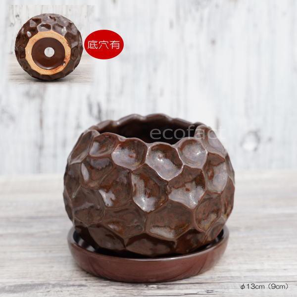 陶器鉢 植木鉢 ミニポット 皿付 ソルロックS ラスト（赤錆色）φ13cm
