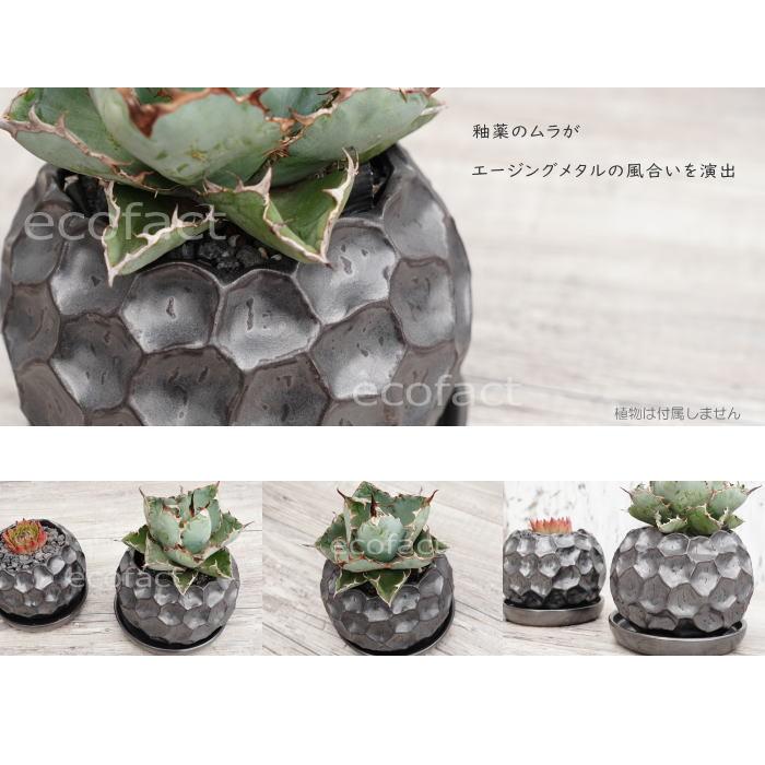 陶器鉢 植木鉢 ミニポット 皿付 ソルロックM メタル（焼鉄色 ） φ15