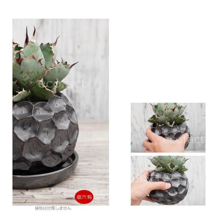 陶器鉢 植木鉢 ミニポット 皿付 ソルロックM メタル（焼鉄色 ） φ15