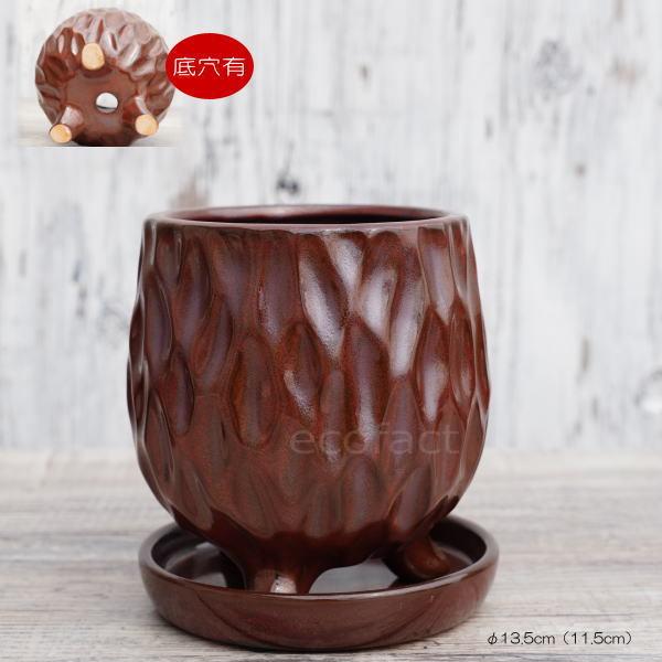 陶器鉢 植木鉢 ミニポット 皿付 ソルキコルS ラスト（赤錆色） φ13.5cm