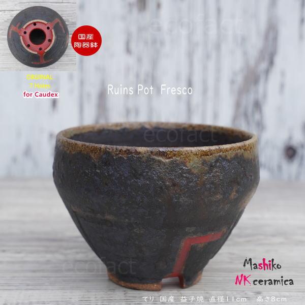 陶器鉢 植木鉢 小鉢 底穴あり 益子焼 Ruins Pot Fresco むくり φ11cm