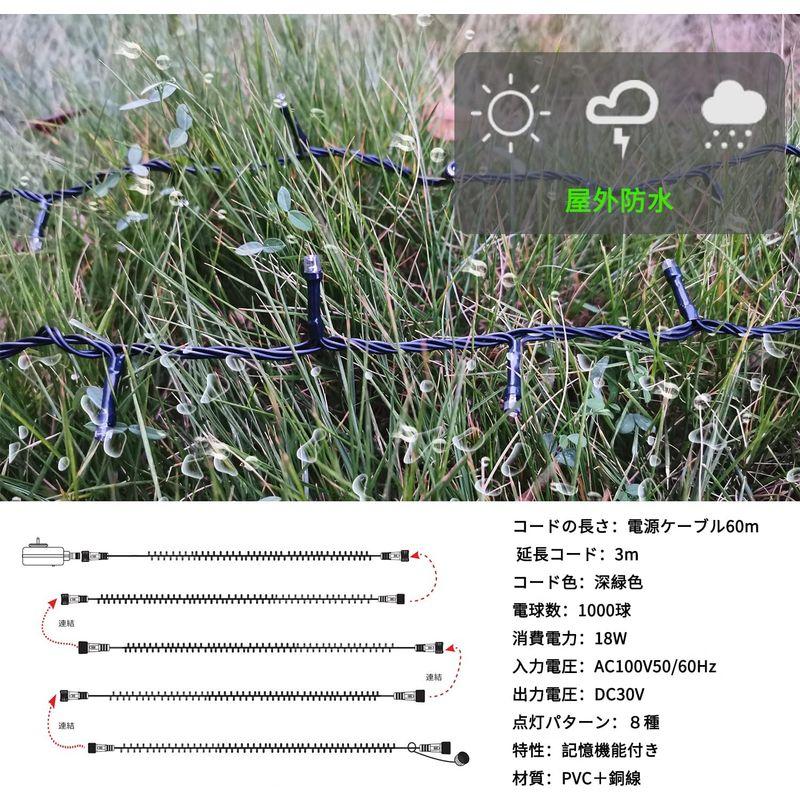 Vividsunny　LEDイルミネーションライト60m1000球　8パターン　屋外　LED電飾　パーティー・イ　防水　クリスマス飾り　部屋