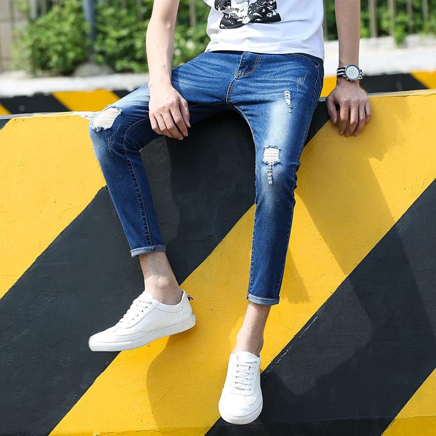 高質 デニム メンズ ジーンズ スキニー ダメージ スーパー 32 ダメージブルー9分丈 切りっぱなし 膝 破れ ブリーチ スキニーパンツ ストレッチ パンツ