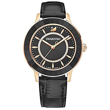SWAROVSKI Crystal Authentic Octea Lux Watch, Leather Strap, Black, Rose Gol