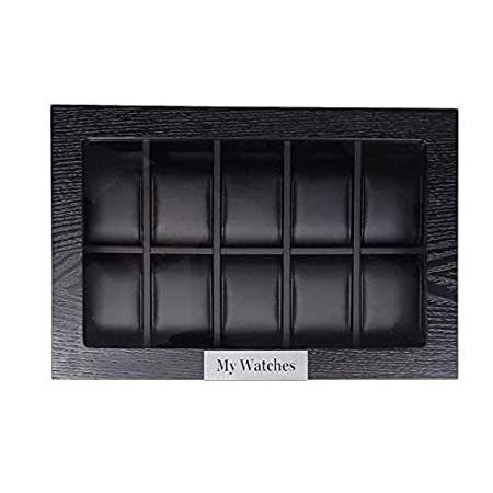 ブラック木製腕時計ディスプレイケース ストレージオーガナイザーボックス ステンレススチールアクセント付き 10ピース