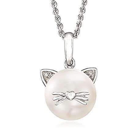 Ross-Simons 9-9.5mm 養殖真珠 猫ペンダントネックレス ダイヤモンドアクセント スターリングシルバー