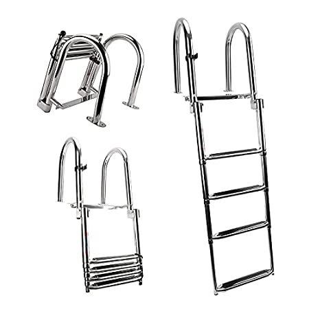 JLXJ Marine 4 Step Boat Ladder with Hand Railing, Foldable Rear Entry Ponto