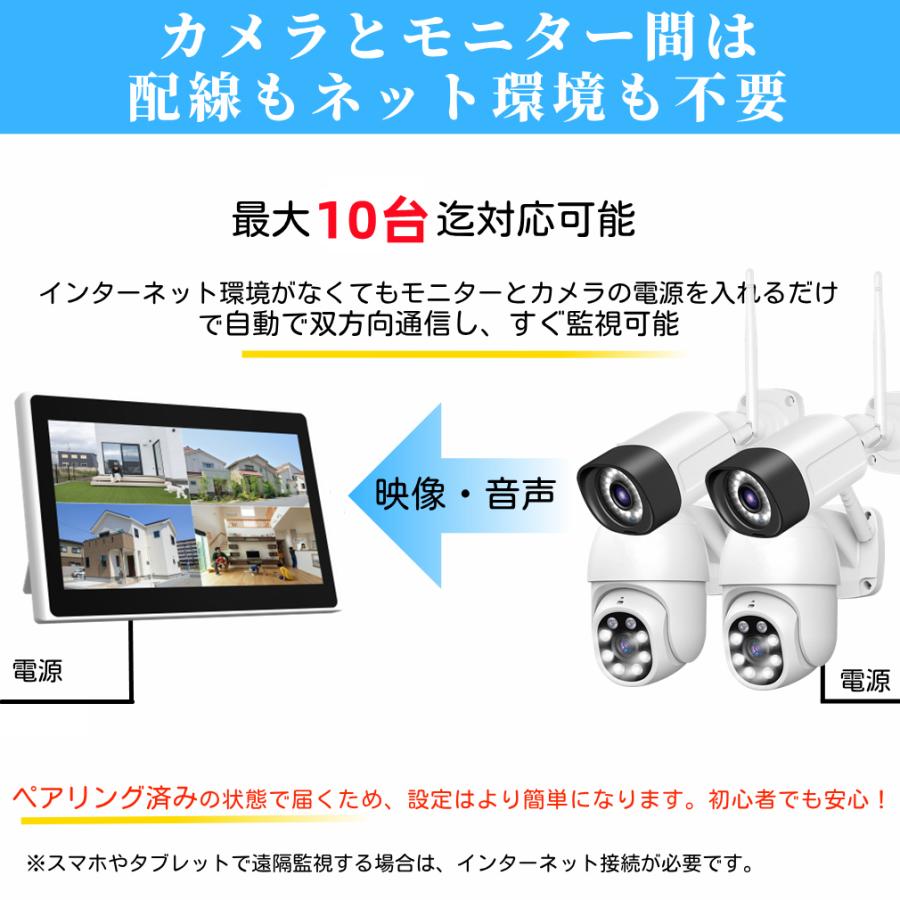 防犯カメラ 屋外 家庭用 セット wifi 事務所用 高精細500万画素 防犯灯付き 監視カメラ ワイヤレス 4台セット PTZ機能 ネット環境不要 HDD内蔵 LCD液晶モニター |  | 02