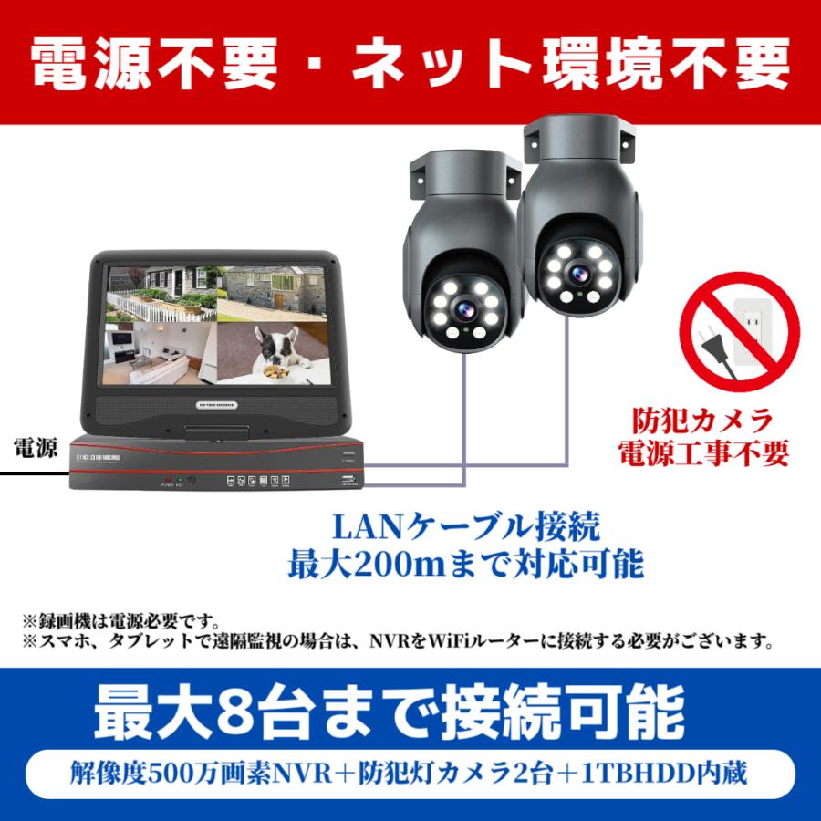 防犯カメラ 屋外 セット 家庭用 有線 poe給電 監視カメラ PTZカメラ 2台セット 10インチ モニター 500万画像 防犯灯付き 動体検知 AI追跡 常時録画 遠隔監視 |  | 02