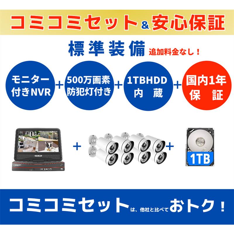 防犯カメラ 屋外 セット 家庭用 有線 poe給電 監視カメラ  8台セット 10インチ モニター 500万画像 防犯灯付き 動体検知 AI追跡 常時録画 遠隔監視 |  | 01