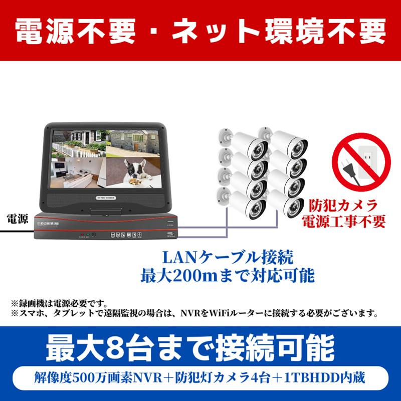 防犯カメラ 屋外 セット 家庭用 有線 poe給電 監視カメラ  8台セット 10インチ モニター 500万画像 防犯灯付き 動体検知 AI追跡 常時録画 遠隔監視 |  | 02