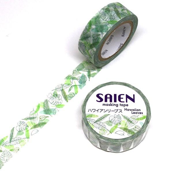 SAIEN ハワイアンリーブス マスキングテープ 15mm / 南国風 モンステラ 観葉植物 マステ カミイソ 日本製｜ari-zakka