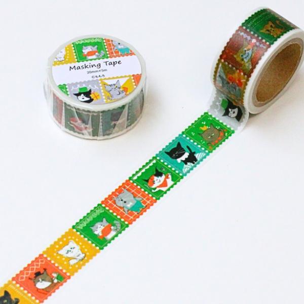 ももろ ねこまちポップ便 20mm マスキングテープ / ネコ 切手風 可愛い