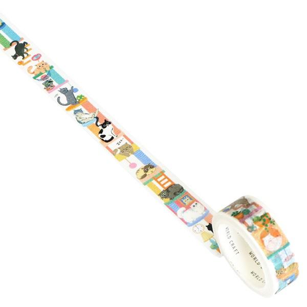 新品　カナダWT　猫書店　PET型抜きタイプマスキングテープ　マステ WORLD CRAFT（ワールドクラフト） たてマス キャットタワー マスキング
