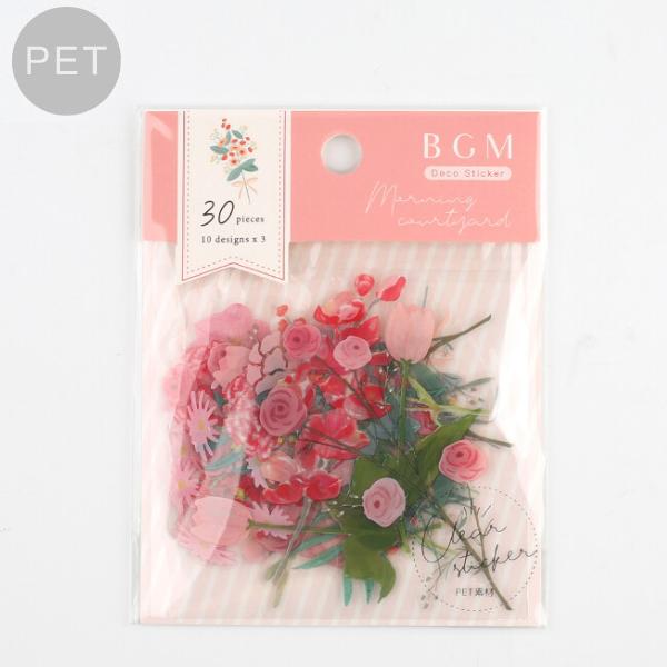 最安値に挑戦 BGM PET素材 朝の庭 ピンク 30枚入 フレークシール 花柄 大きめ クリア素材 コラージュ デコ