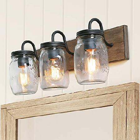 お歳暮 Mason Farmhouse 3-Light Fixtures, Light 新品Bathroom Jar Wood Faux with Lights 生活雑貨