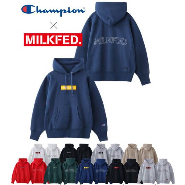 パーカー ミルクフェド チャンピオン MILKFED メンズ レディース 赤 CHAMPION EMBROIDERY BAR PATCH HOODIE