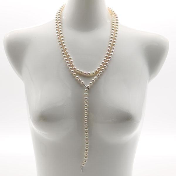真珠 パール ロング ネックレス あこや真珠 ロング パール ネックレス 7mm-7.5mm 120cm ホワイトカラー シルバー アコヤ本真珠 カジュアル10582の画像