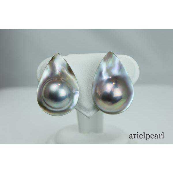 真珠パールピアス 貝付きマベパールピアスマベ真珠グレーカラー13044