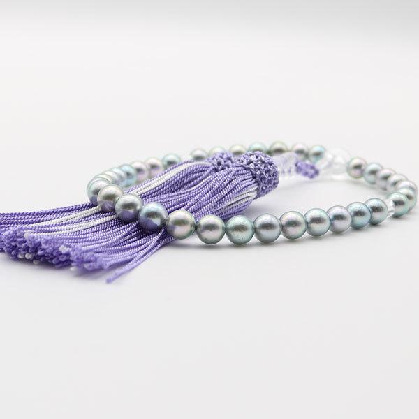 真珠 数珠 パール 念珠 あこや真珠 数珠 7 5mm 8mm 新色紫房 ブルーグレーカラー アコヤ本真珠 冠婚葬祭 葬儀 お葬式 法事 女性用 真珠パール専門店 アリエルパール 通販 Yahoo ショッピング