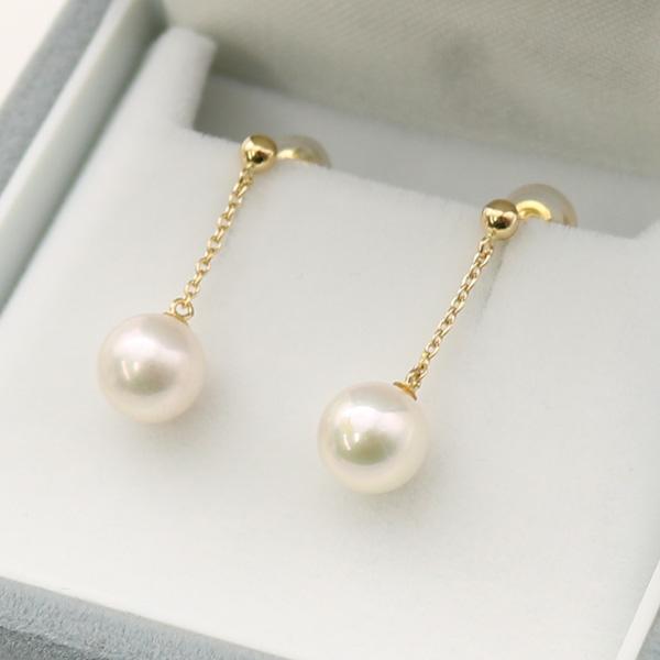 真珠 パール ロング ピアス あこや真珠 7mm-7.5mm ホワイトカラー K18