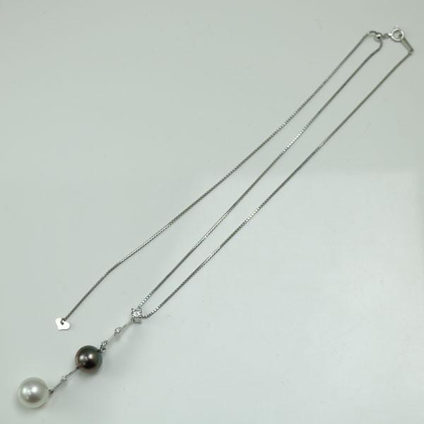 真珠 パール ネックレス 南洋白蝶真珠 黒蝶真珠 9mm-10mm ツインカラー ロング デザイン 45cm K18ＷＧ ダイヤ 4665の画像