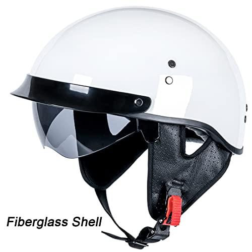 Myamisハーフヘルメットオートバイ男性成人ドット認定ファイバーグラスハーフシェルビンテージモーターサイクルヘルメットバイザー付光沢ホワイトMH 03黒、 Myamisハーフヘルメットオートバイ男性成人ドット認定ファイバーグラスハーフシェルビンテージモーターサイクルヘルメットバイザー付光沢ホワイトMH 03黒