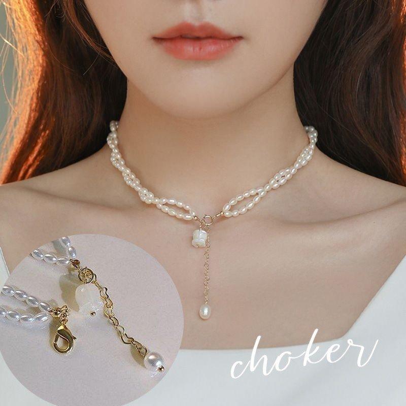 チョーカー ネックレス レディース アクセサリー ゴールドカラー フェイクパール フラワーモチーフ 2連 上品 華やか かわいい キュート おしゃれ チョーカー カラー ゴールド