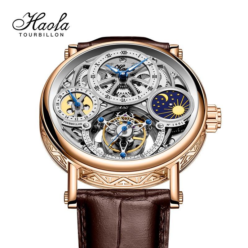 Haofa1601 トゥールビヨン 腕時計 GMT デイナイト メンズ スケルトン