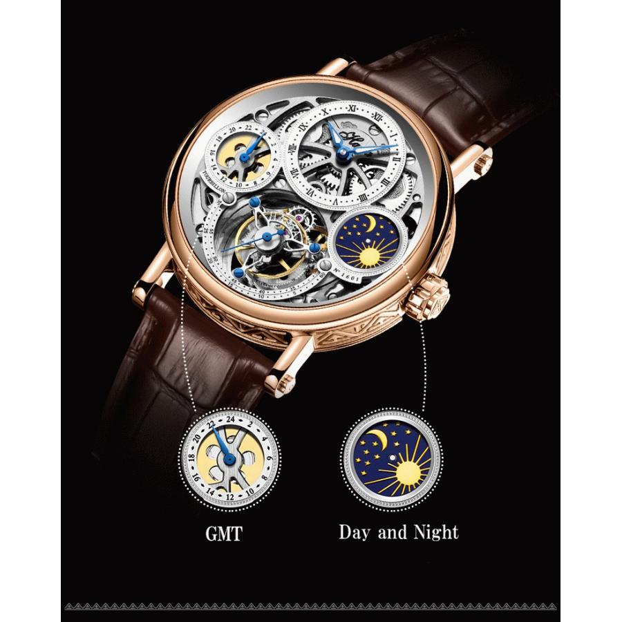 Haofa1601 トゥールビヨン 腕時計 GMT デイナイト メンズ スケルトン