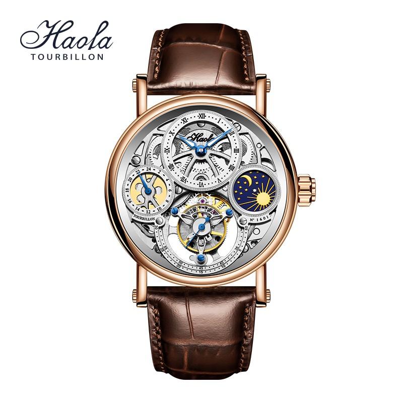Haofa1601 トゥールビヨン 腕時計 GMT デイナイト メンズ スケルトン